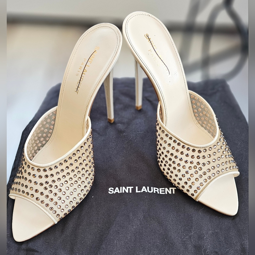 SAINT LAURENT Gippy Crystal Mesh Stiletto Mules Color Nude & Crystal 40 - Picture 5 of 16